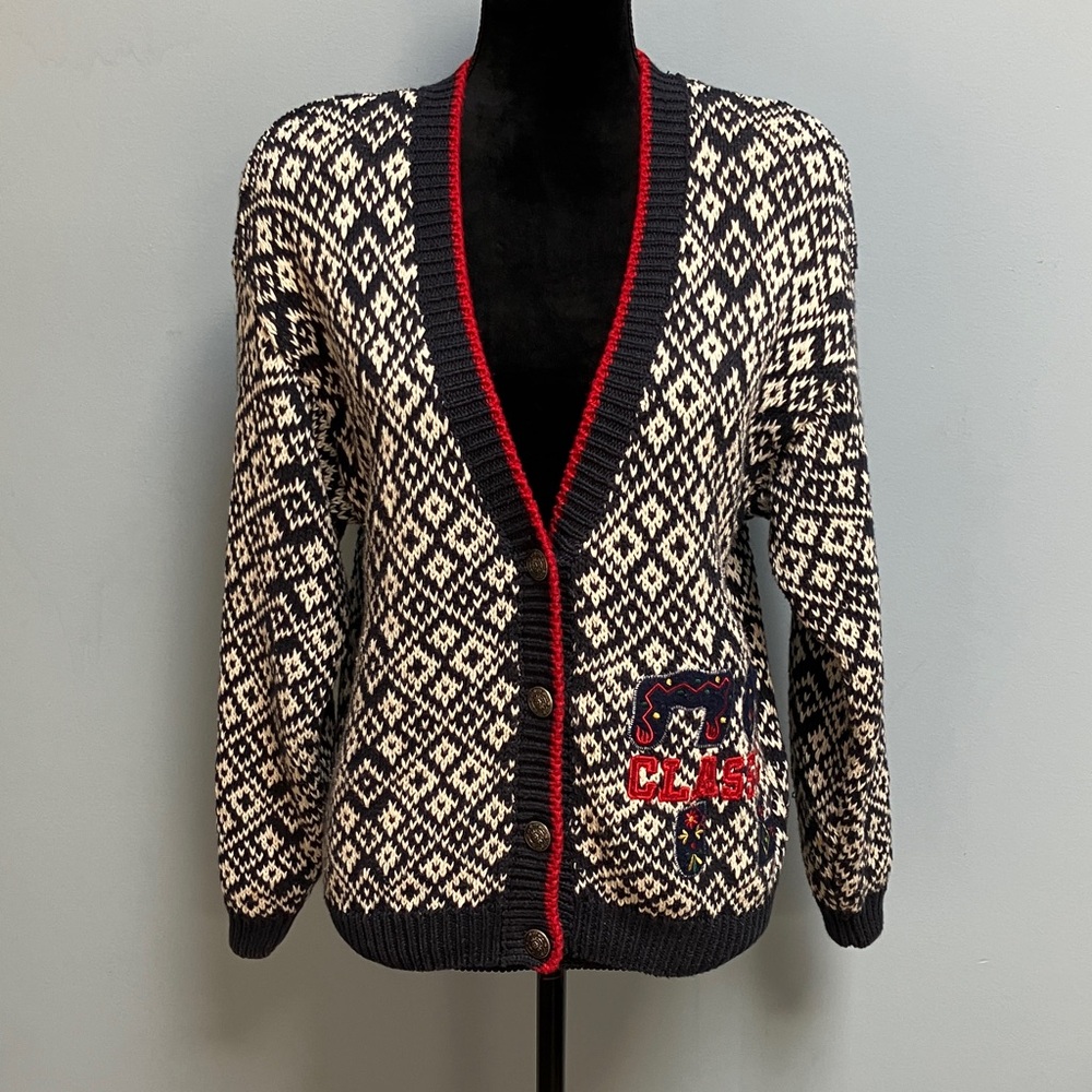 Vintage Best American Clothing Co Nordic Cardigan Sweater Medium Black White Red